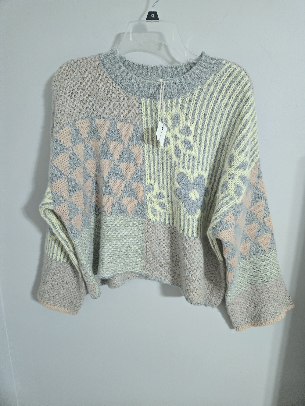 moon & madison Pastel Patchwork Crewneck Sweater - Gray, Cream & Pink